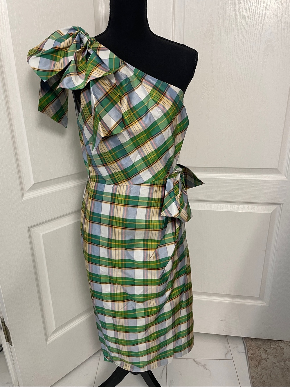 J.Crew one shoulder plaid silk taffeta dress 4 bow dressy wedding cocktail - Picture 4 of 9